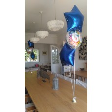 Helium filled Cluster of 3 foil balloons  (available in all main milestone ages or birthday with 2 plain star balloons).   (Collection only - select click and collect on checkout page)