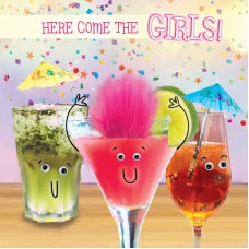 Here comes the girls, greeting card with fluff, and googly eye embellishments.