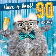 Age 90, greeting card with fluff, and googly eye embellishments