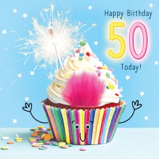 Age 50, greeting card with fluff, and googly eye embellishments