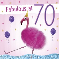 Age 70, greeting card with fluff, and googly eye embellishments