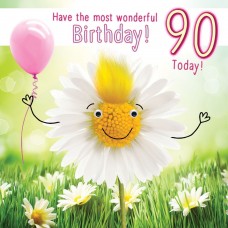 Age 90, greeting card with fluff, and googly eye embellishments
