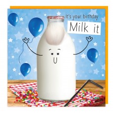 Milk it birthday card with fluff, and googly eye embellishments.