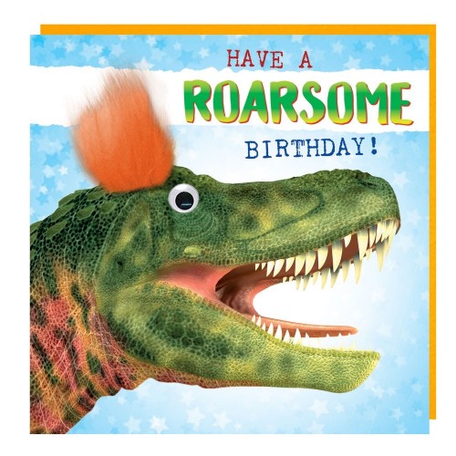 Roarsome Birthday card with fluff, and googly eye embellishments Roarsome Birthday card with fluff, and googly eye embellishments