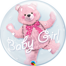24" baby girl double bubble helium balloon with teddy bear balloon inside.  (Collection only - select click and collect on checkout page)