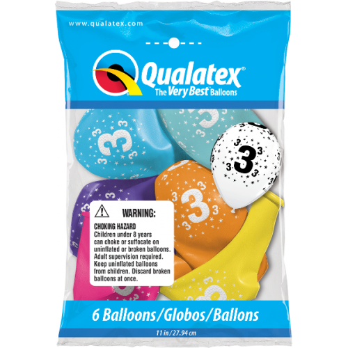 Age 3, pack of 6 latex balloons Age 3, pack of 6 latex balloons