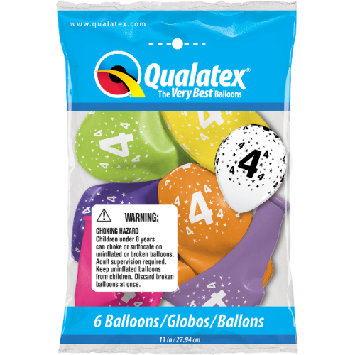 Age 4, pack of 6 latex balloons Age 4, pack of 6 latex balloons